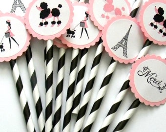 12 Paris Party Straws, Paris Birthday, French Theme, Parisian Theme, Paris Baby Shower, Poodle Party, Tea Party, Paris Theme, Poodle Theme