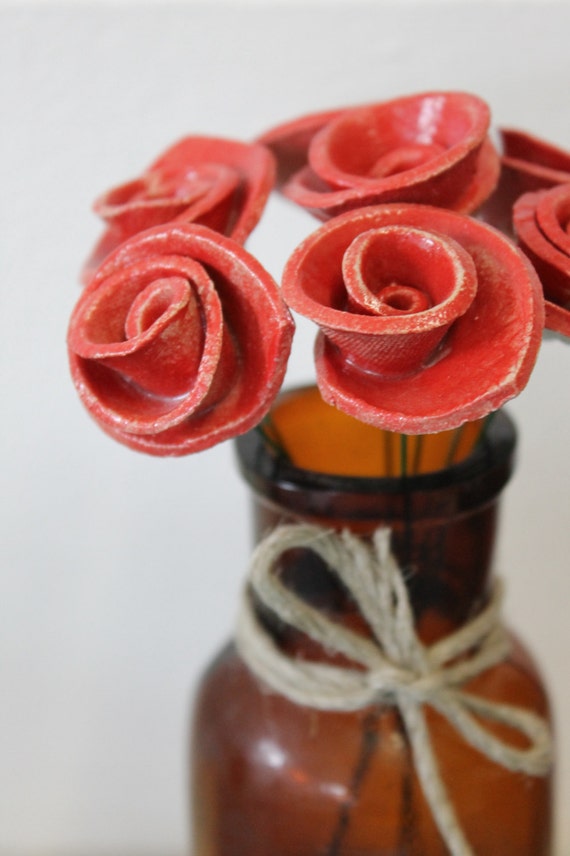 Six red pottery roses ceramic flowers everlasting flowers