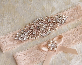 Rose Gold Wedding Garter Set, Bridal Garter Set, Blush Lace Wedding Garter, Crystal Garter Set, Blush Lace Garter Set