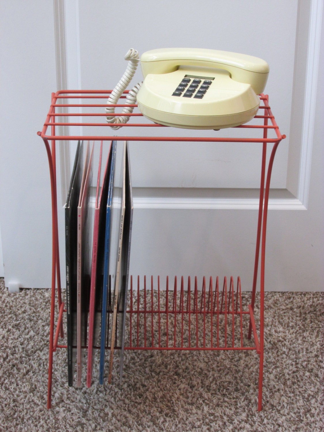 Retro metal record player stand with album storage rack phone media