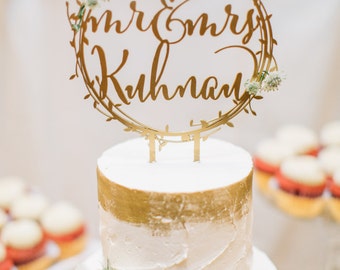Laser Cut Rustic Mr. and Mrs. Gold Wreath Personalized Wedding Cake Topper - (ONE) Engagement Cake Topper - Traditional Cake Decoration