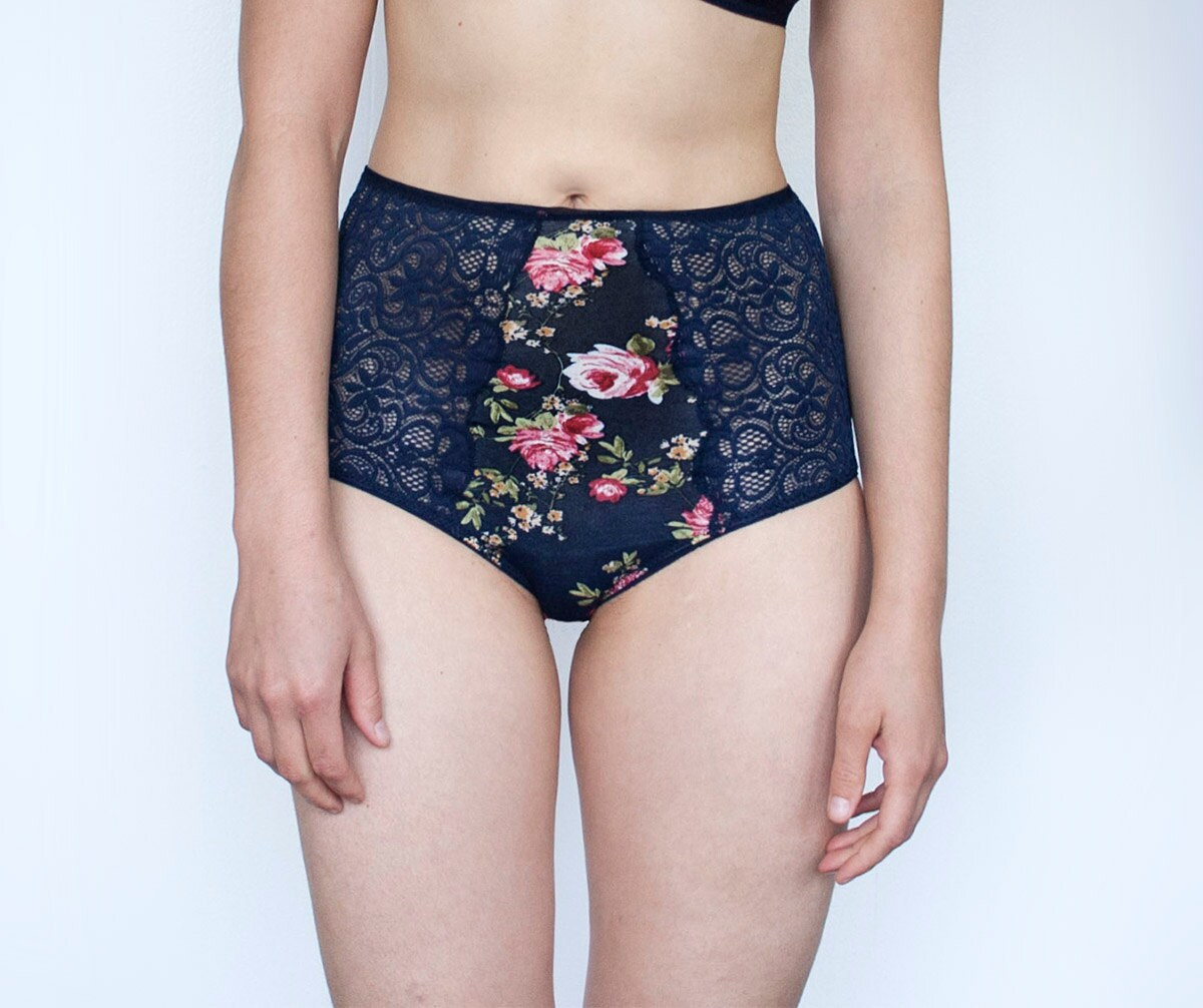 Navy Romance. Floral and Lace High Waist Panties. Navy Blue