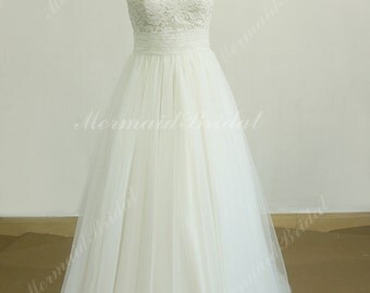 Romantic ivory tulle lace wedding dress, beach wedding dress with very pale champgne lining