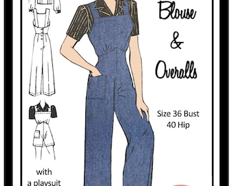 1940's Dungerees and Blouse - Rosie the Riveter - PDF Sewing Pattern - Instant Download