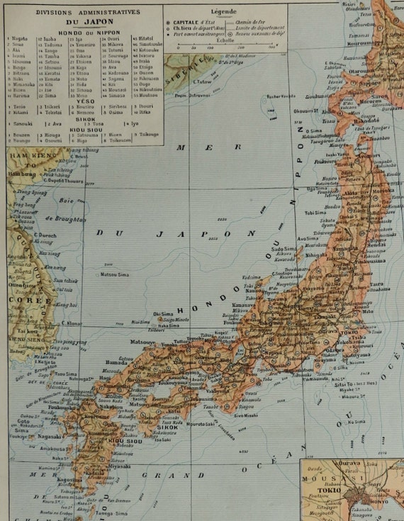 JAPAN MAP.1900.Antique print.115 year old print.Antique
