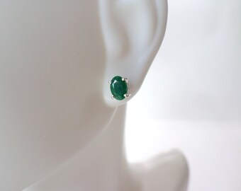 Raw Emerald Stud Earrings Sterling Silver Oval Emerald Earrings May Birthstone Jewelry Small Little Green Gemstone Earrings