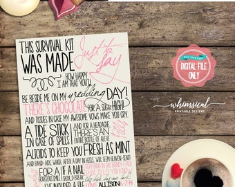 Wedding Survival Kit Card "Customized" (Printable File Only) Wedding Day Kit, Survive the Wedding, From the Bride, Bridesmaid Kit Card