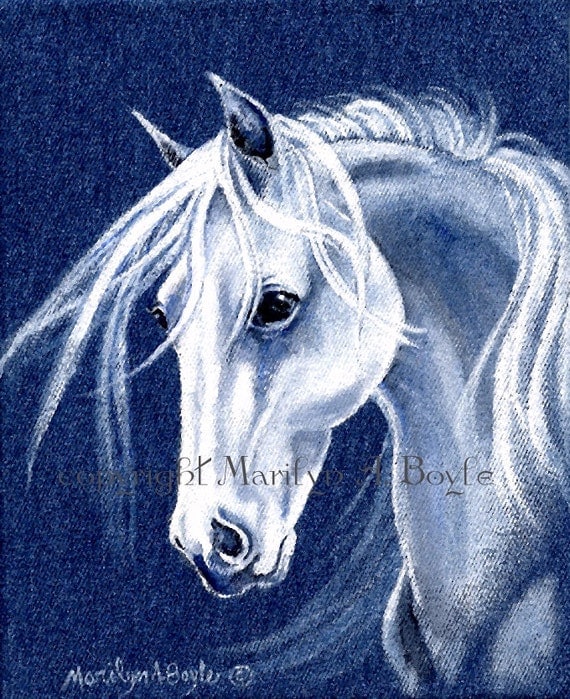 ORIGINAL ACRYLIC PAINTING white horse head on denim