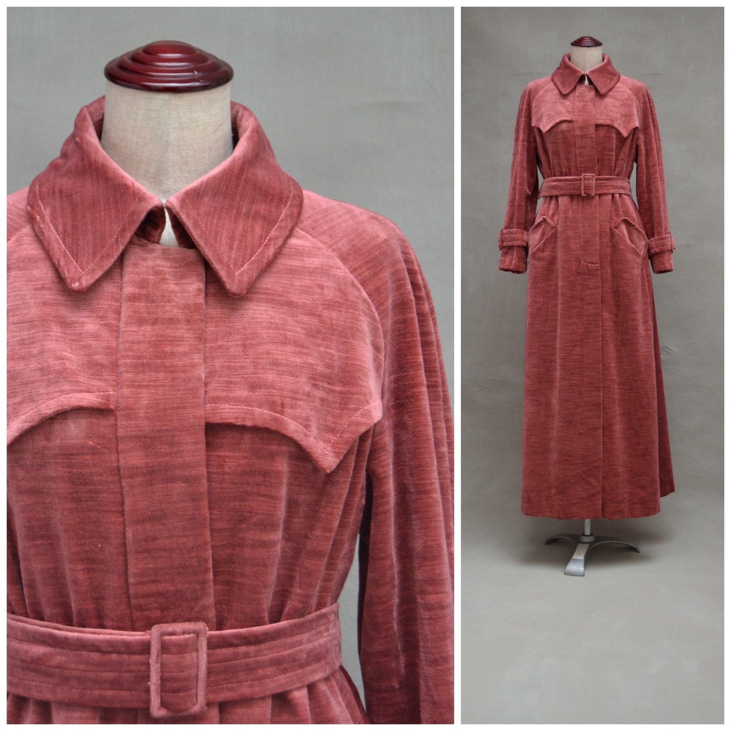 Vintage coat 1970s pink velvet maxi coat skinny fit