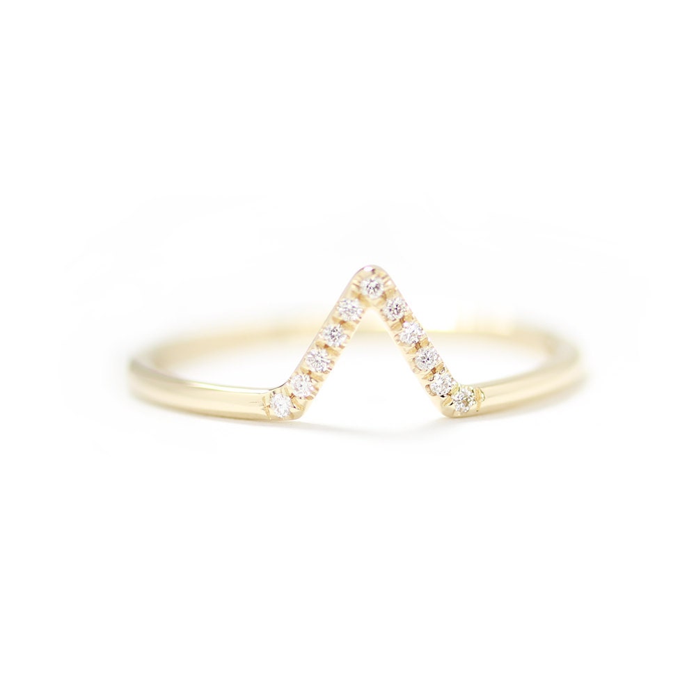 14k Yellow Gold V Shape Diamond Wedding band In Micro Pave