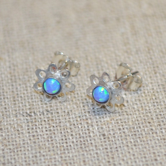 3mm Blue Opal Stud Earrings Silver - Earring Posts - Ear Studs - Cartilage Piercing - Helix Stud - Cartilage Stud - Simple Post Earings
