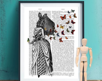Rabbit And Butterfly Parasol - Rabbit Print Butterfly Illustration Print Art Drawing Poster Digital Print Wall Art Wall Décor Wall Hanging