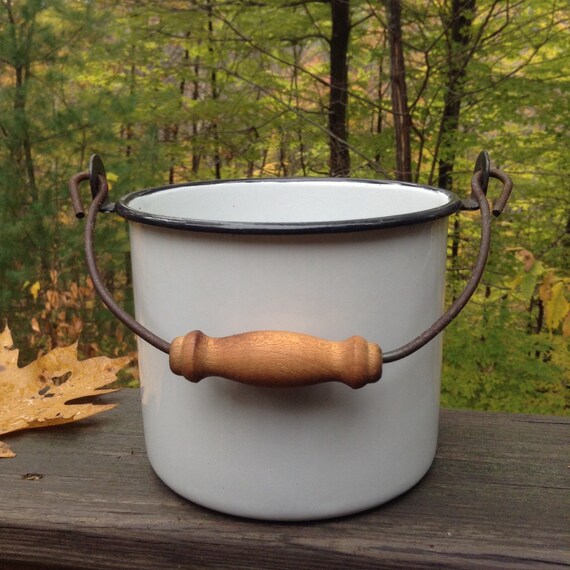 Vintage Small White Enamel Pail / Bucket with Turned Wood