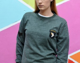 Upcycled Khaki Fleck US Airforce Army Badge Sweat Top, Streetwear.