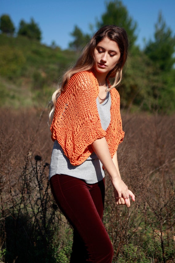 Orange hand knit loose weave shrug women's cropped