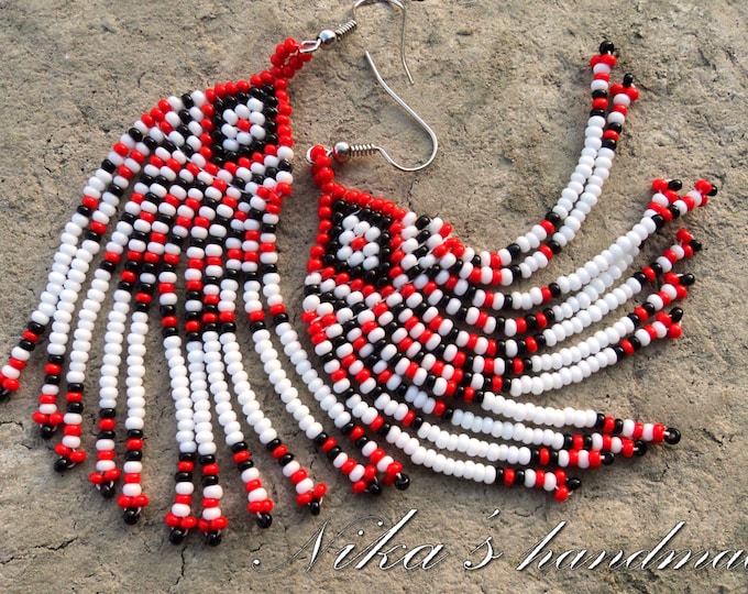 Chandelier woven beaded earrings with traditional national ethnic Ukrainian pattern, Czech beads, women beaded jewelry