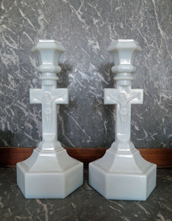 Items similar to 2 Milk Glass Crucifix CandleStick Holder, Religious