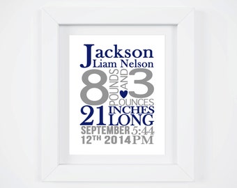 Baby Boy Birth Announcement Wall Art, Baby Birth Stats Print, Baby Boy Nursery Art Navy Gray Nursery Decor Little Boy Room Art Kids Wall Art