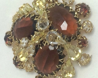 SALE ! Vintage " Schreiner of New York " Brooch / Pin. Amber, Topaz & Clear Rhinestones