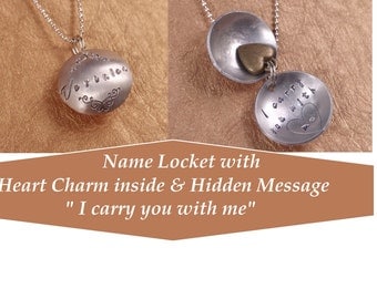 Memorial Keepsake Locket - Customized with Name and Hidden Message " I carry you with me " - Heart charm inside - Dome Pendant - Sympathy