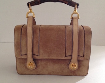 1960s Suede Gucci Lunch Box Vintage Handbag, Signature Bamboo Handle, Flap Opening, Matte Leather Teardrop Straps, Stamped Gold Hardware