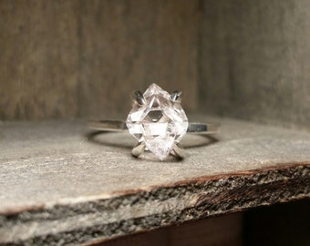 Herkimer Diamond Quartz Crystal Solitaire Ring- Sterling Silver