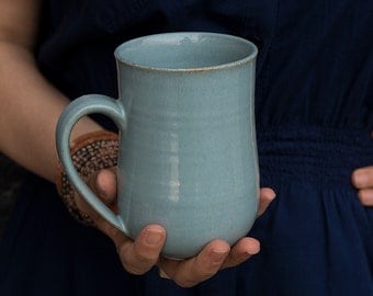 Large Pottery Mug 14oz, Big Stoneware Coffee Mugs, Ceramic Handmade Mug, Light Steel Blue Mug, Gift for Hostess, New Home Gift, Blue Mug