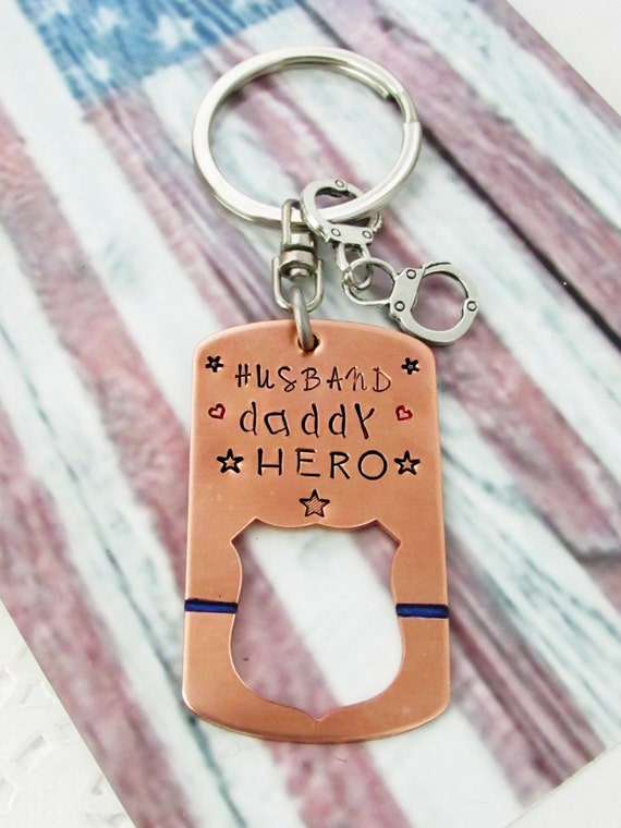 Personalized Police Man Copper Keychain | Officer | Husband | Daddy | Hero | Hand Stamped | Blue Line| Trooper | Cop | Law Enforcement Badge
