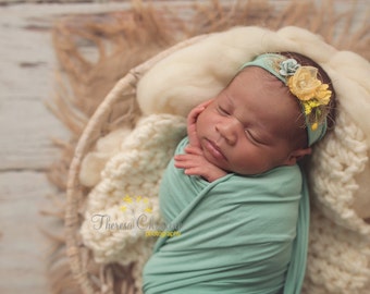 Yellow and robin's egg blue floral newborn tieback. newborn photo prop. photo prop. newborn tie back.