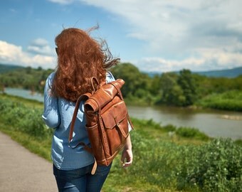Honey brown leather backpack - Mens / Womens backpack - Leather rucksack.