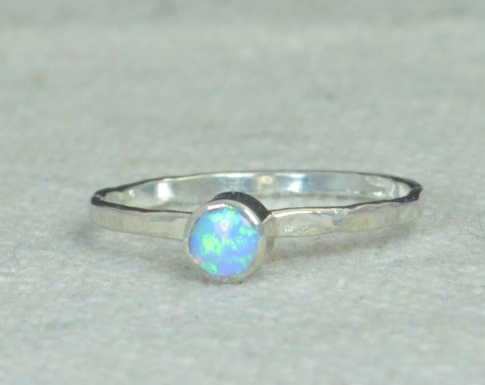 Small Silver Opal Ring, Sterling Opal Ring, Light Blue Opal Ring, Mothers Ring, Opal Jewelry, Stacking Ring, October Birthstone Ring