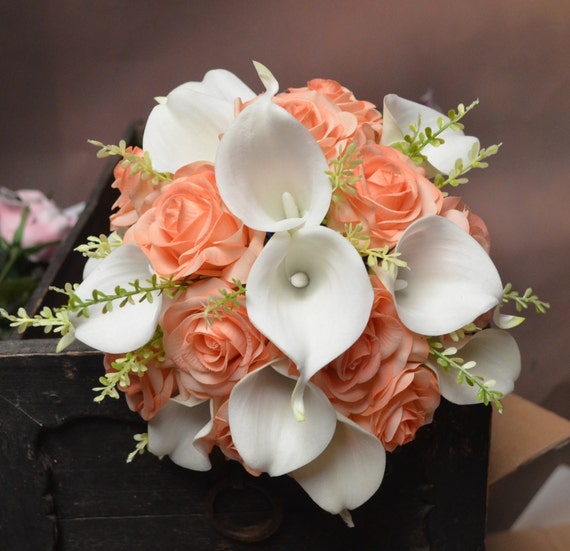 Rustic Silk Bridal Bouquet Light Coral Peach Roses White Calla Rustic Silk Bridal Bouquet Light Coral Peach Roses White Calla