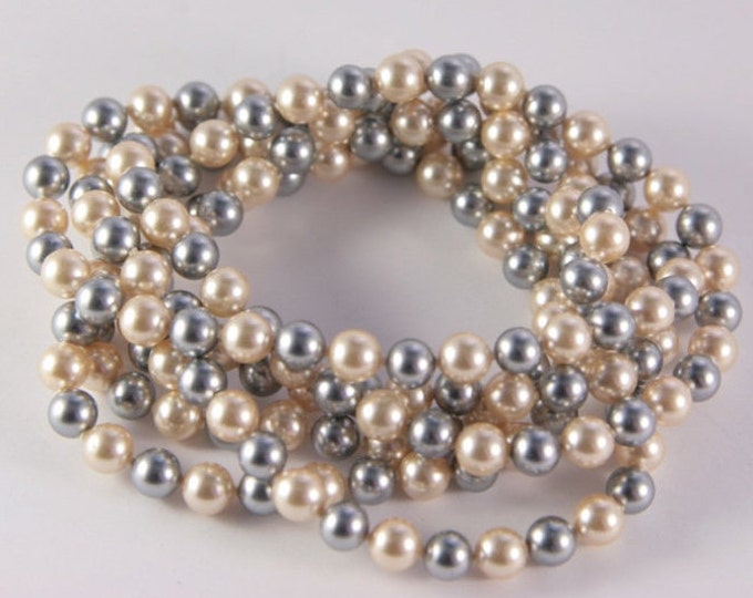 Grey White Pearls Necklace Long Two Tone Ivory Silver Grey Pearl Beads
