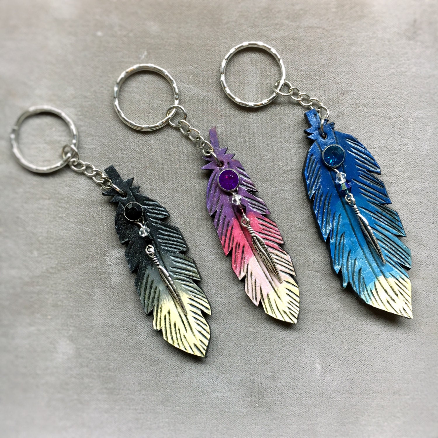 Leather Keychain Tooled Feather with Colored Rhinestone