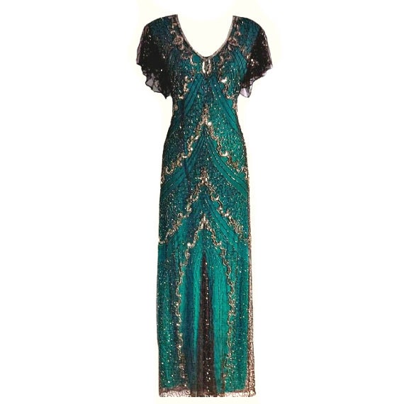 Turquoise Green Beaded Flapper Dress 1920's Great Gatsby by Jywal