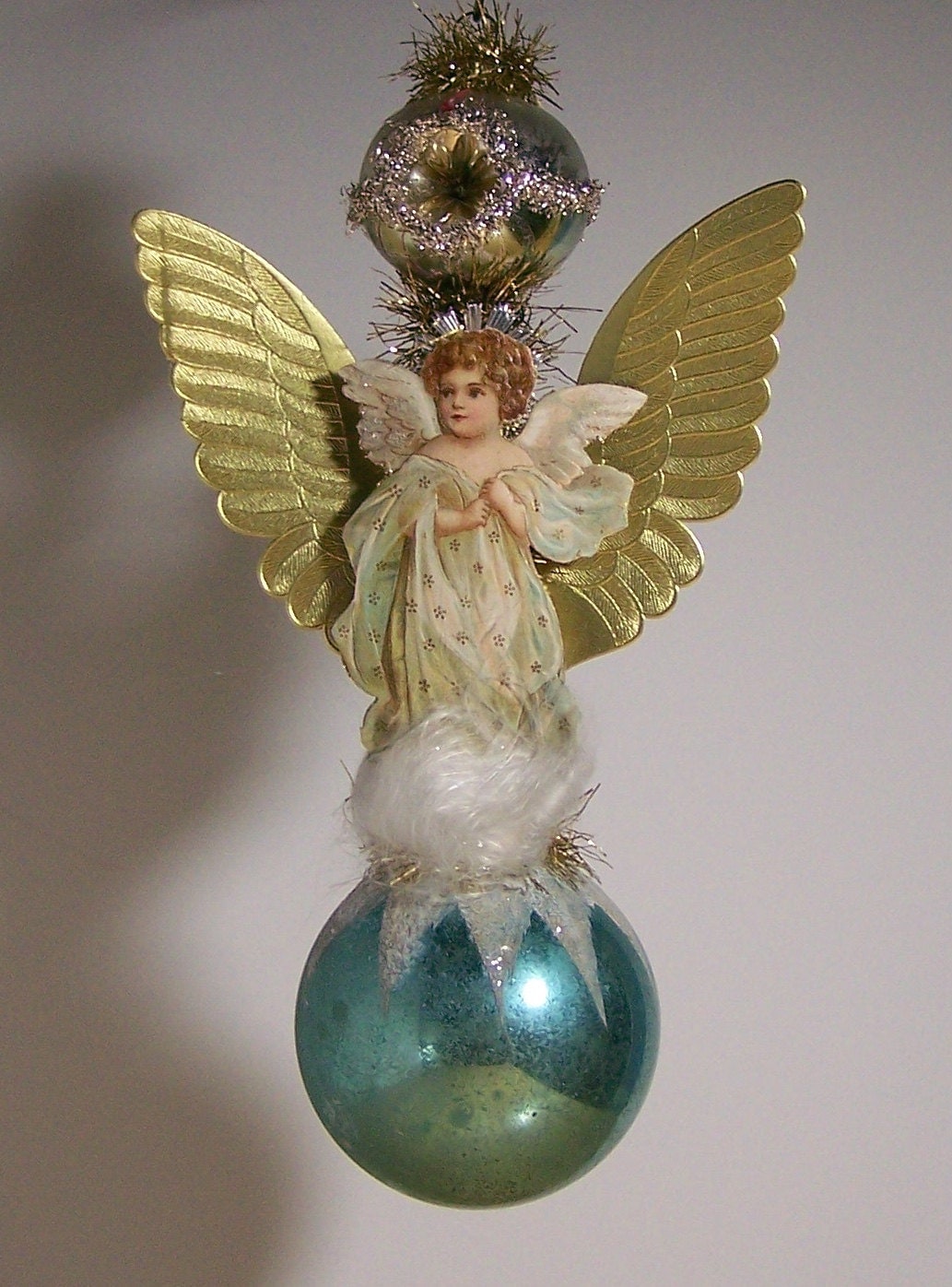SOLD Large Victorian Christmas Ornament Angel on Blue