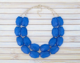 Royal Blue Statement Necklace, Large Bead Double Strand Layer Necklace, Multi Layered Statement Jewelry, Bib Collar Necklace Bridesmaid Gift