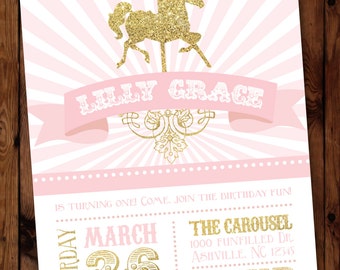 Carousel Birthday Invitation (Pink), One Year Old Birthday Invitation #003