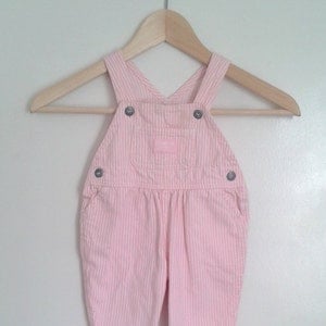 Vintage 1990&#39;s Baby Girls&#39; Oshkosh Light Pink White Striped Denim Overalls Sz 18 - 24 Mo