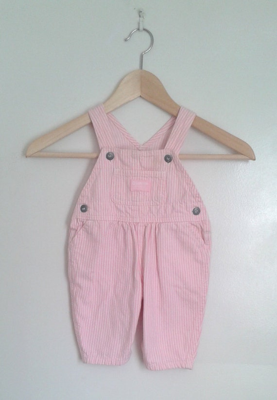Vintage 1990's Baby Girls' Oshkosh Light Pink White Striped Denim Overalls Sz 18 - 24 Mo