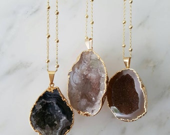 Agate Geode Necklace; Gemini Birthstone Gift; Thank you Gift; Unique Gifts under 50 pounds; Raw Gemstones dipped in Gold