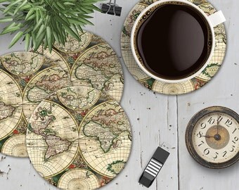 Vintage World Map Coaster Set, Map Coasters, World Travel Coasters, Boho Chic Map Coasters