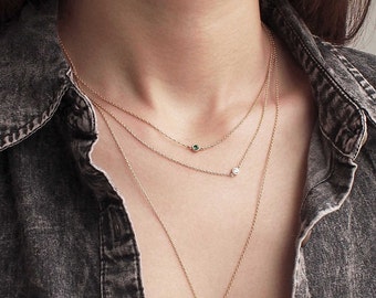 20% OFF Dual Birthstone Necklace, Dainty Minimal CZ Necklace, Simple Layering Necklace in Sterling Silver #D55