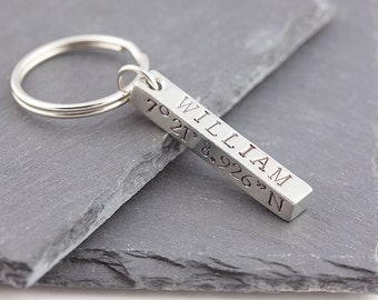 Personalized coordinates keychain, coordinates keyring, latitude longitude, gift for him, gift for her, bar keyring, hand stamped, travel