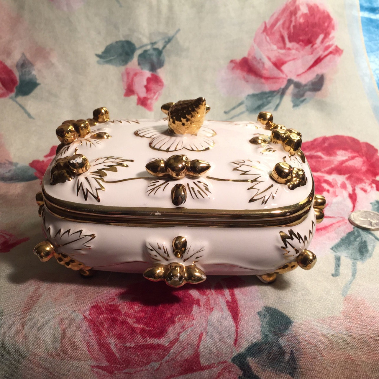 Vintage White Porcelain Footed Trinket box with Lid 24K Gold