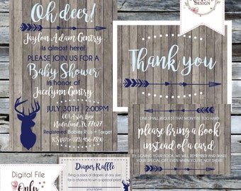 Rustic Baby Shower Suite//OH DEER Woodland Baby Shower//Invitation, Thank You Notes, Diaper Raffle, Book Request//Personalized Printable
