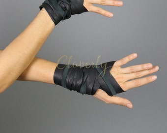 Black Leather Hand Wraps / Wonder Woman Amazon Costume LARP Steampunk Daenerys Fingerless Glove Mad Max Game of Thrones Elf Warcraft Cosplay