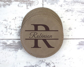 Coaster Set - Set of 6 Personalized Leather Coasters With Holder - Monogrammed Coaster Set - Leather