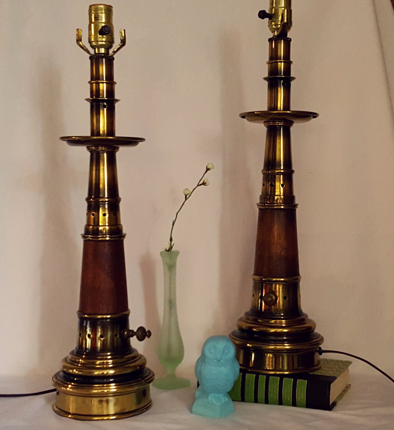 SaleVintage Pair of Stiffel Lamps Brass & Walnut Wood