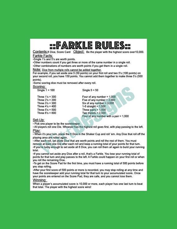 printable farkle rules